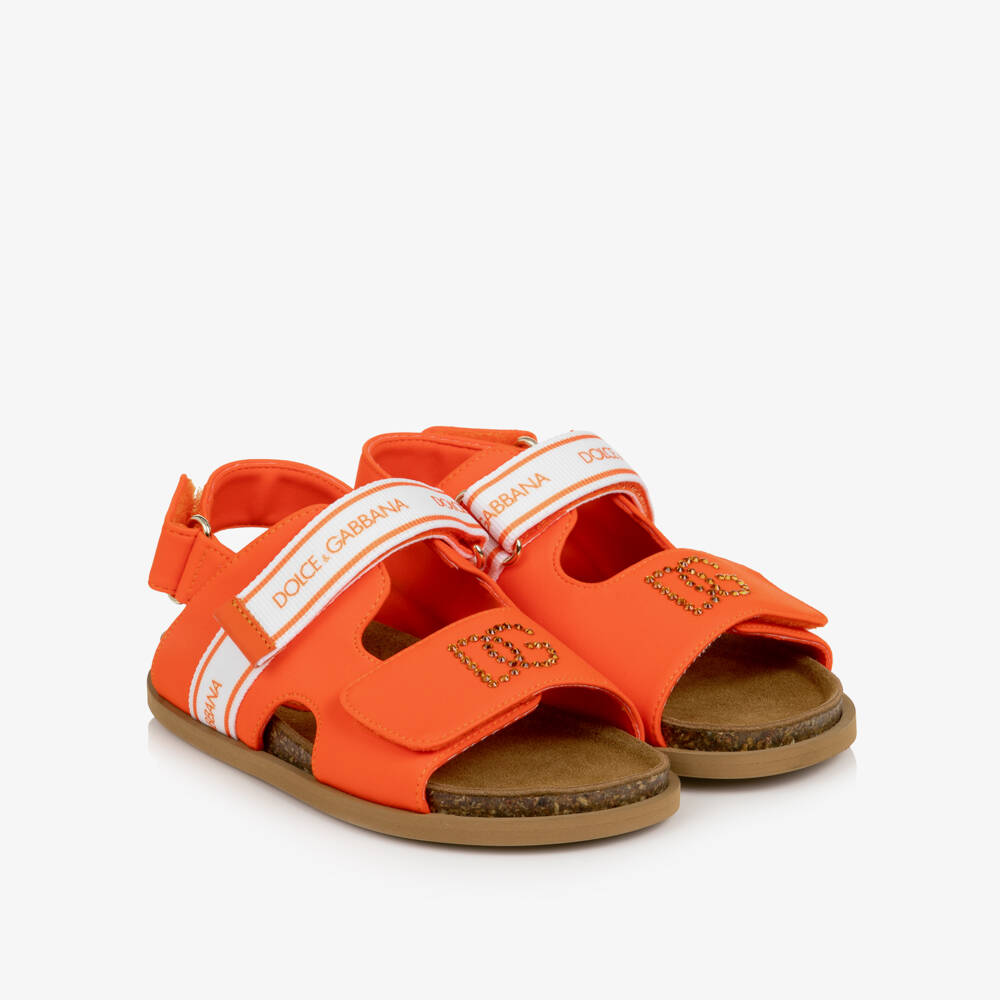 Dolce & Gabbana-Girls Orange Rhinestone DG Logo Sandals | Childrensalon