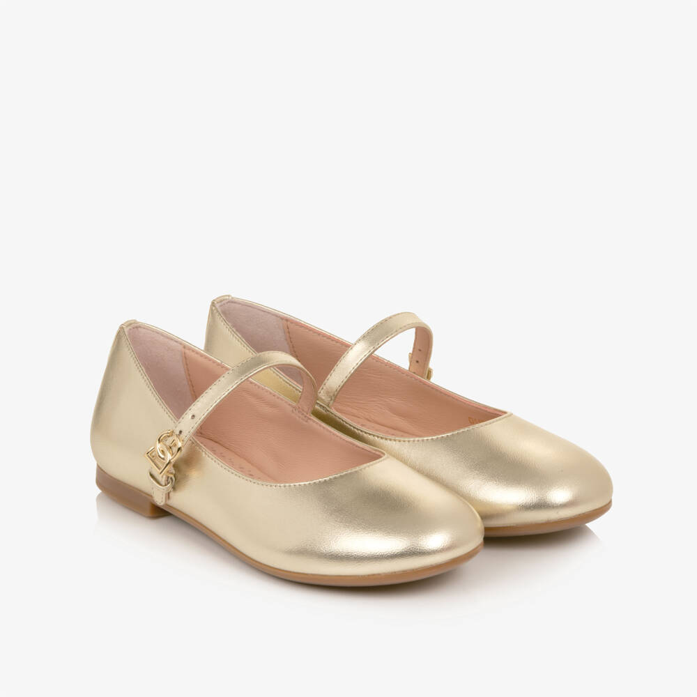 Dolce & Gabbana-Girls Pale Gold Leather Ballerina Flats with DG Buckles | Childrensalon
