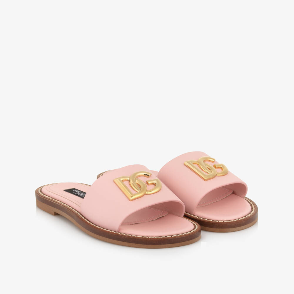 Dolce & Gabbana-Girls Pink Leather DG Logo Sliders | Childrensalon