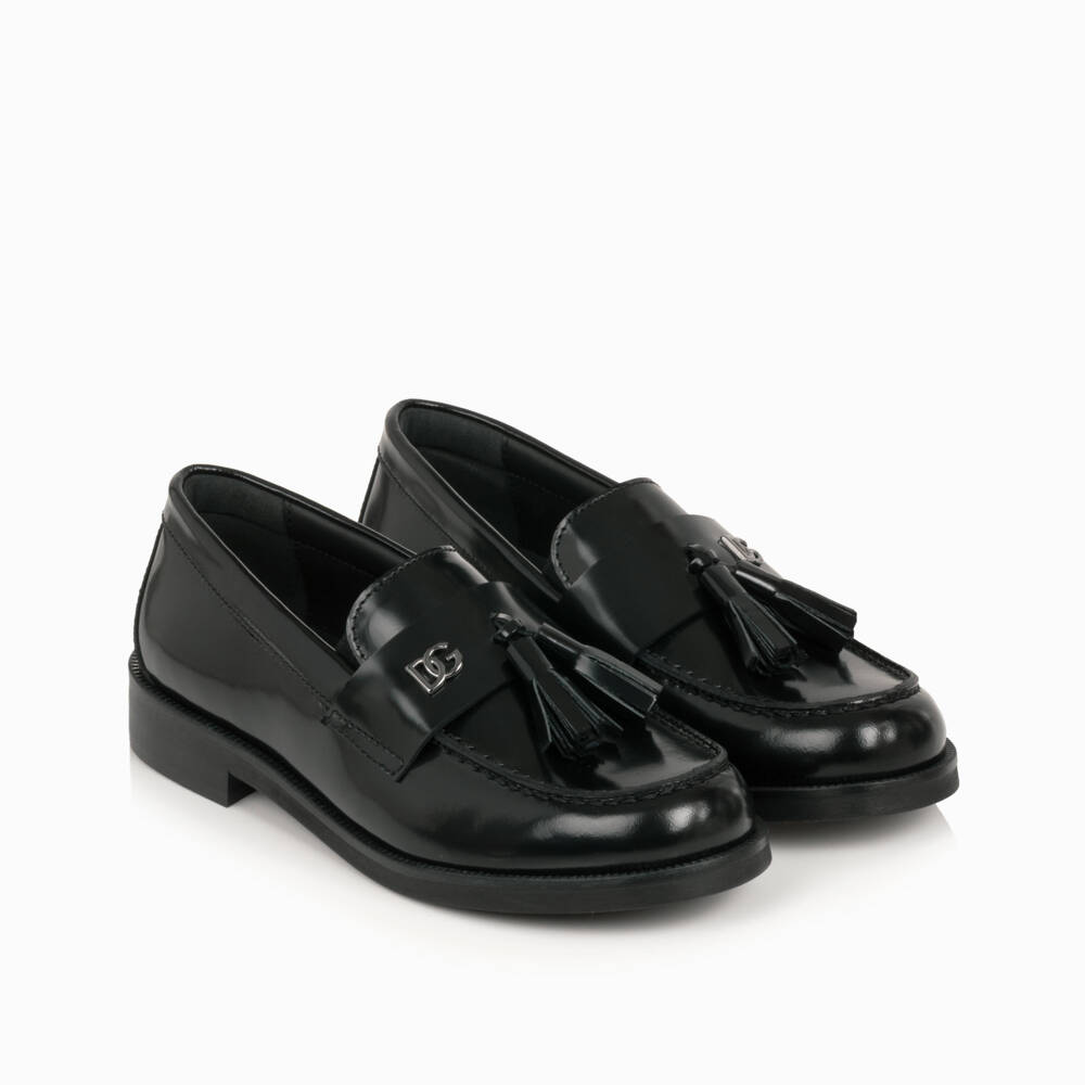 Dolce & Gabbana-Girls Polished Black Leather Loafers | Childrensalon