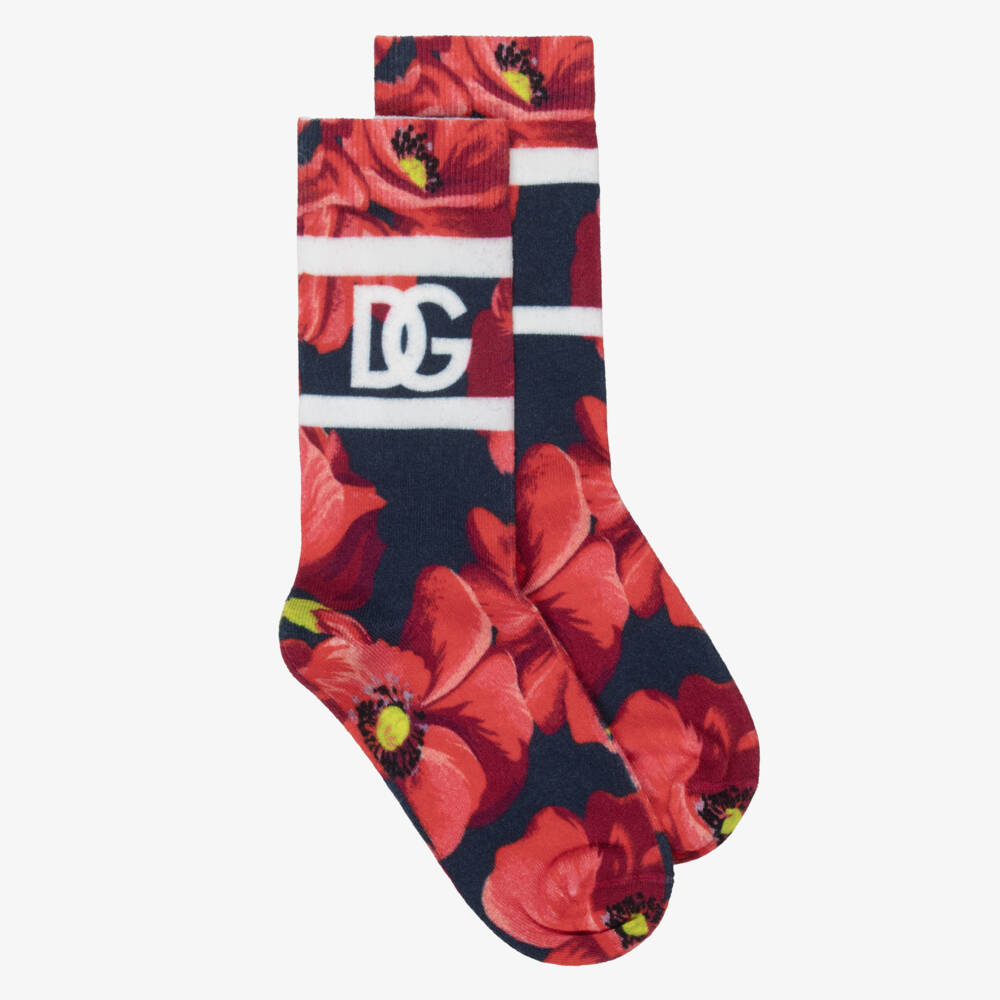 Dolce & Gabbana-Girls Red Poppy Print Socks with DG Logo | Childrensalon