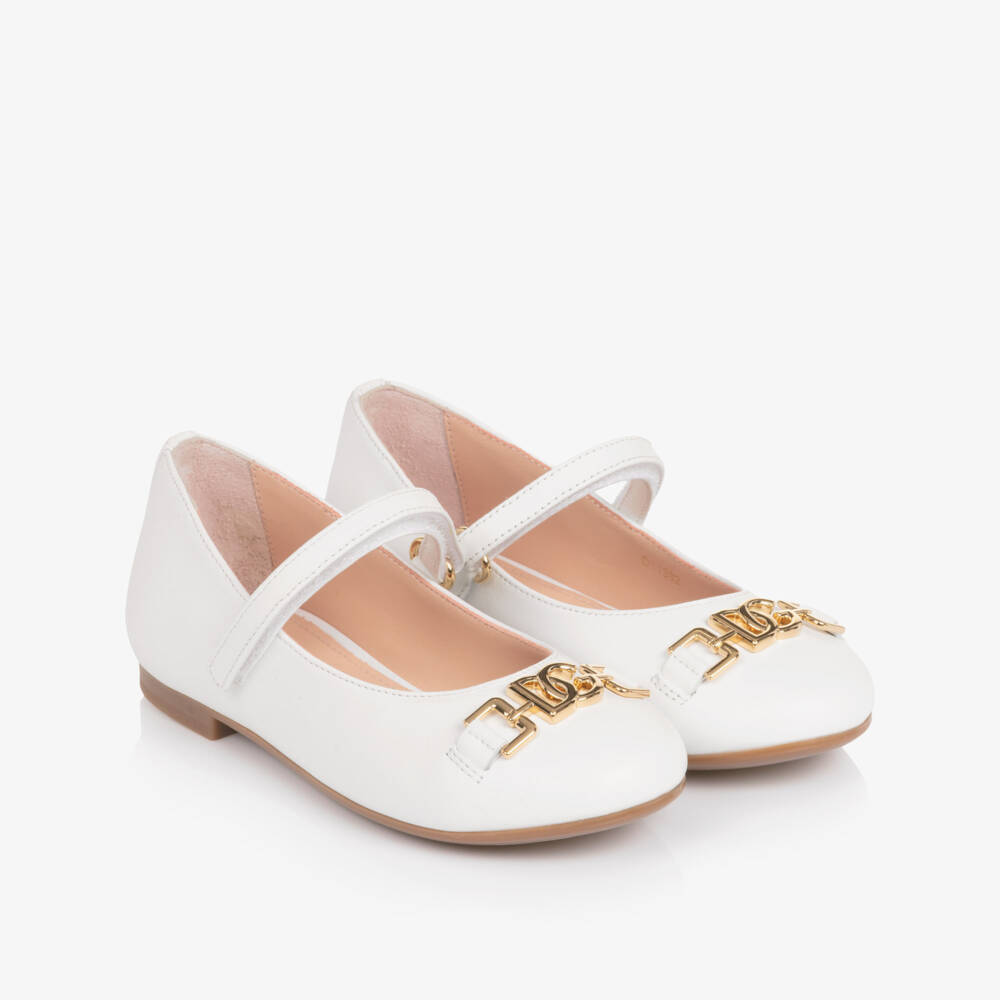 Dolce & Gabbana-Girls White Leather Ballerina Pumps with DG Crossed Logo | Childrensalon