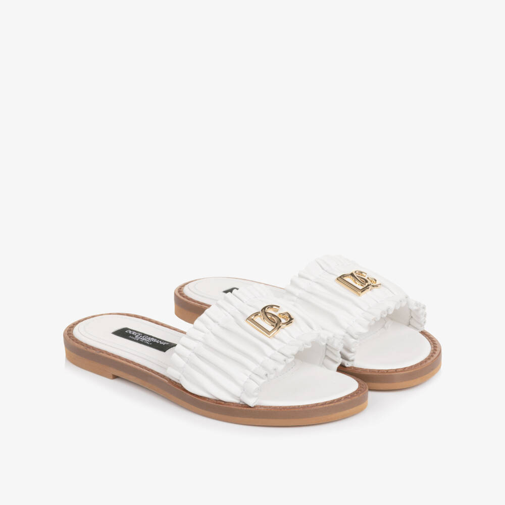 Dolce & Gabbana-Girls White Leather Ruffle Sliders with DG Logo  | Childrensalon