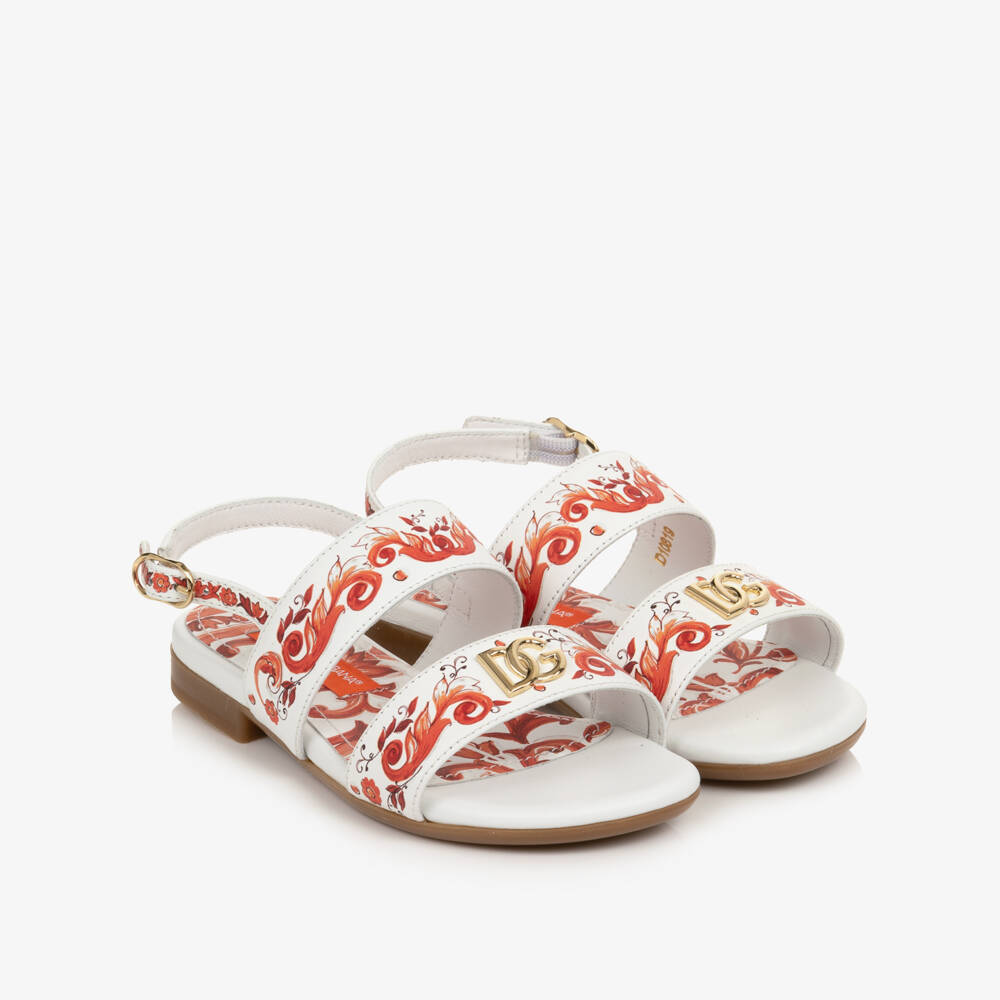 Dolce & Gabbana-Girls White & Orange Majolica Print Leather Sandals | Childrensalon
