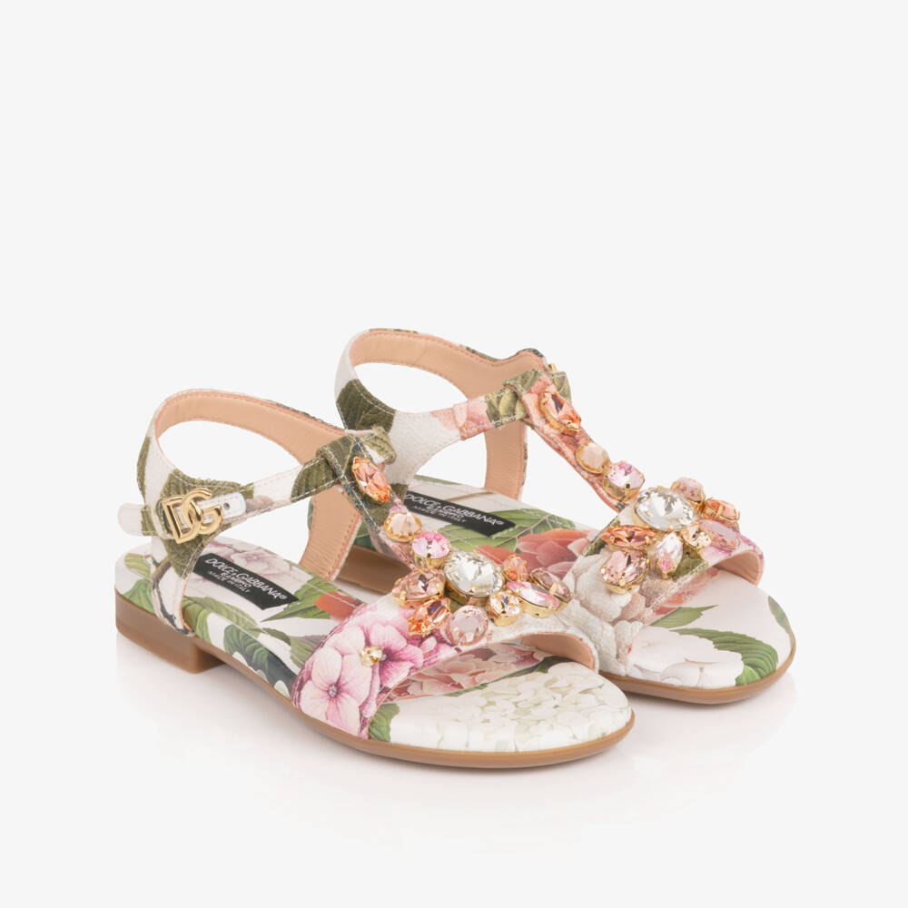 Dolce & Gabbana-Girls White & Pink Hydrangea Print Sandals  | Childrensalon