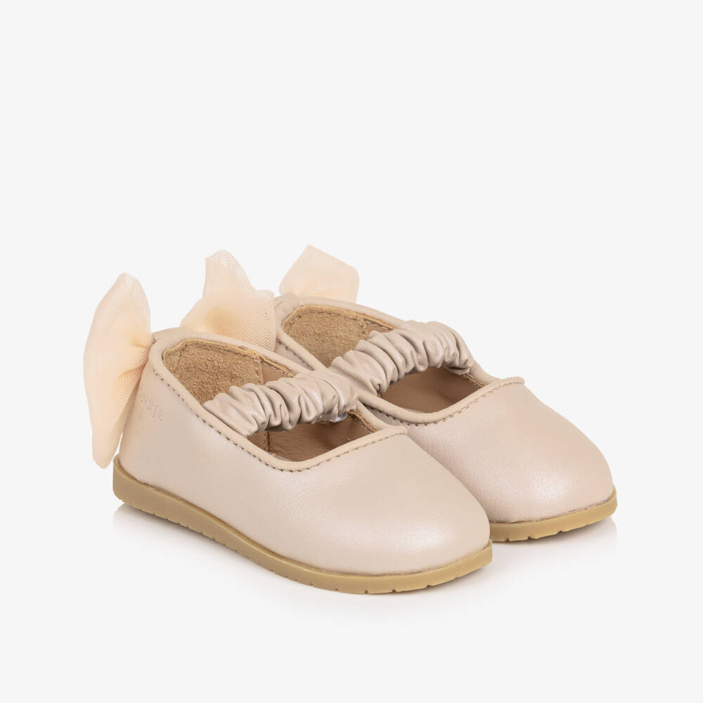 Donsje-Baby Pink Leather Ballerina Shoes with Tulle Bow  | Childrensalon