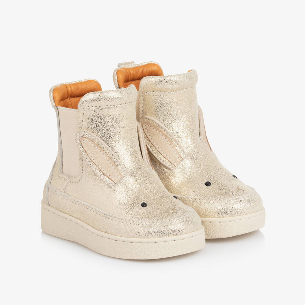 Donsje-Girls Glittery Gold Leather First Walker Bunny Boots | Childrensalon