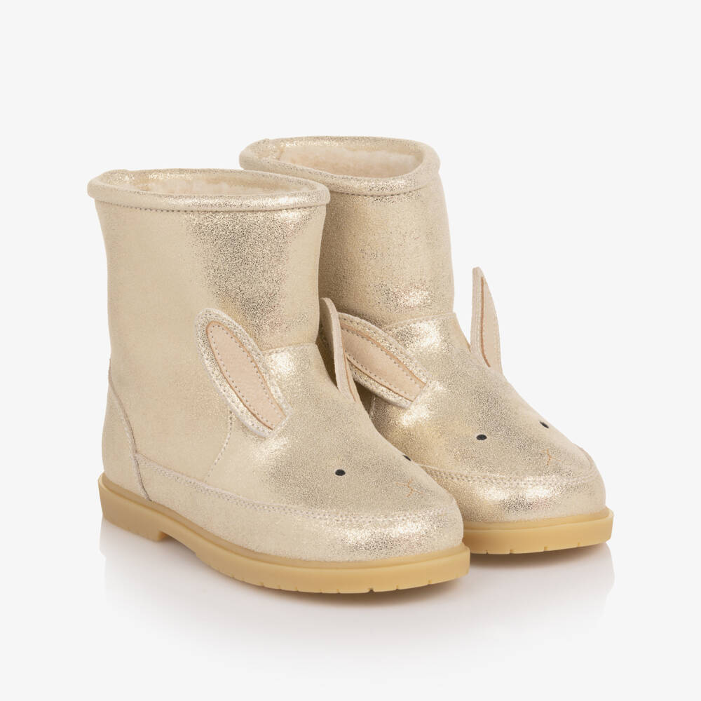 Donsje-Girls Gold Leather & Sheep Wool Bunny Boots | Childrensalon