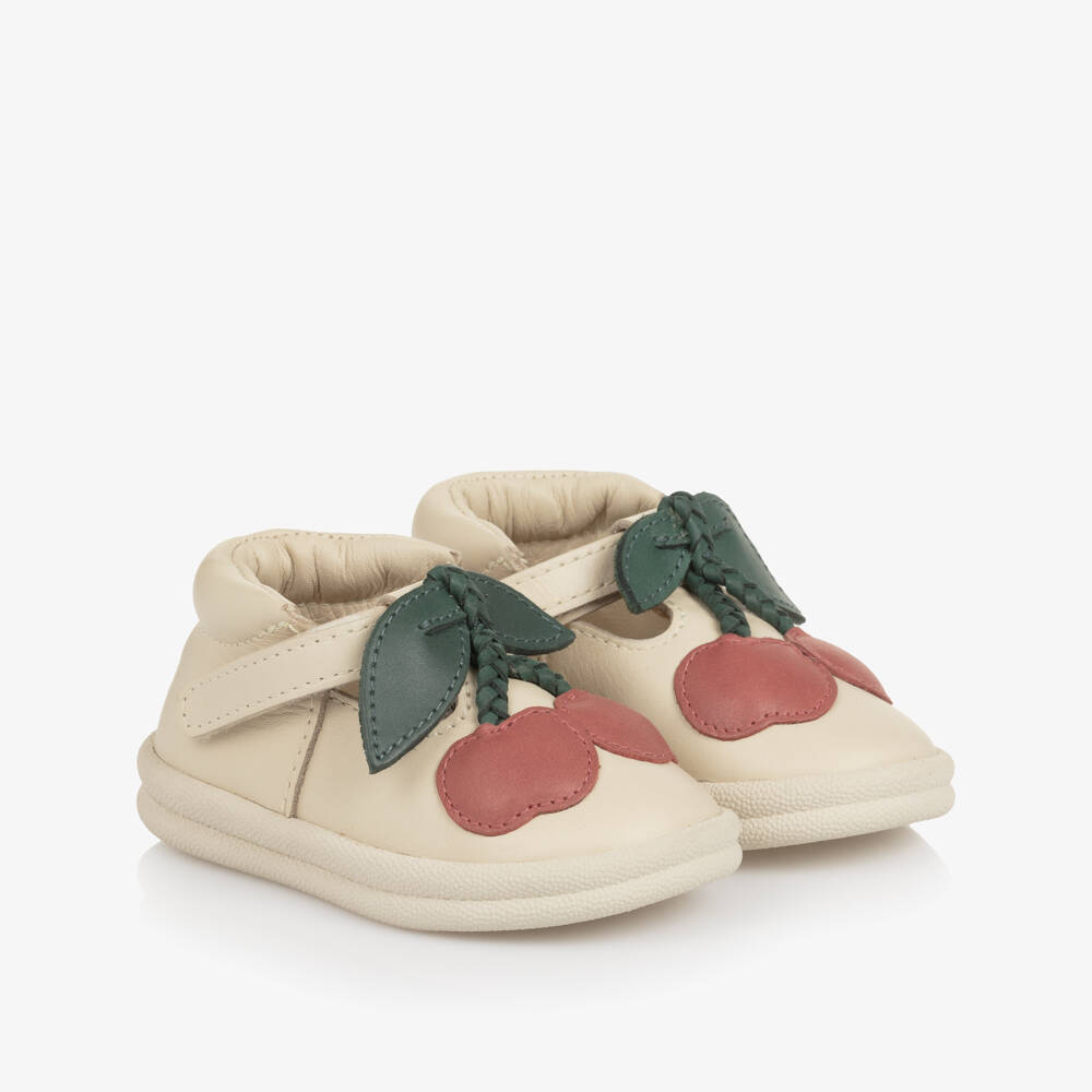 Donsje-Girls Ivory Leather First Walkers with Cherry Motif | Childrensalon