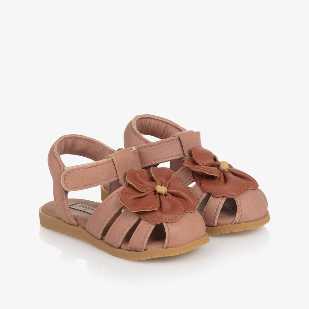 Donsje-Girls Pink Leather Hibiscus First Walker Sandals | Childrensalon