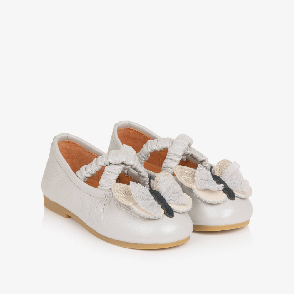Donsje-Girls Silver Grey Leather Ballerinas with Butterflies | Childrensalon