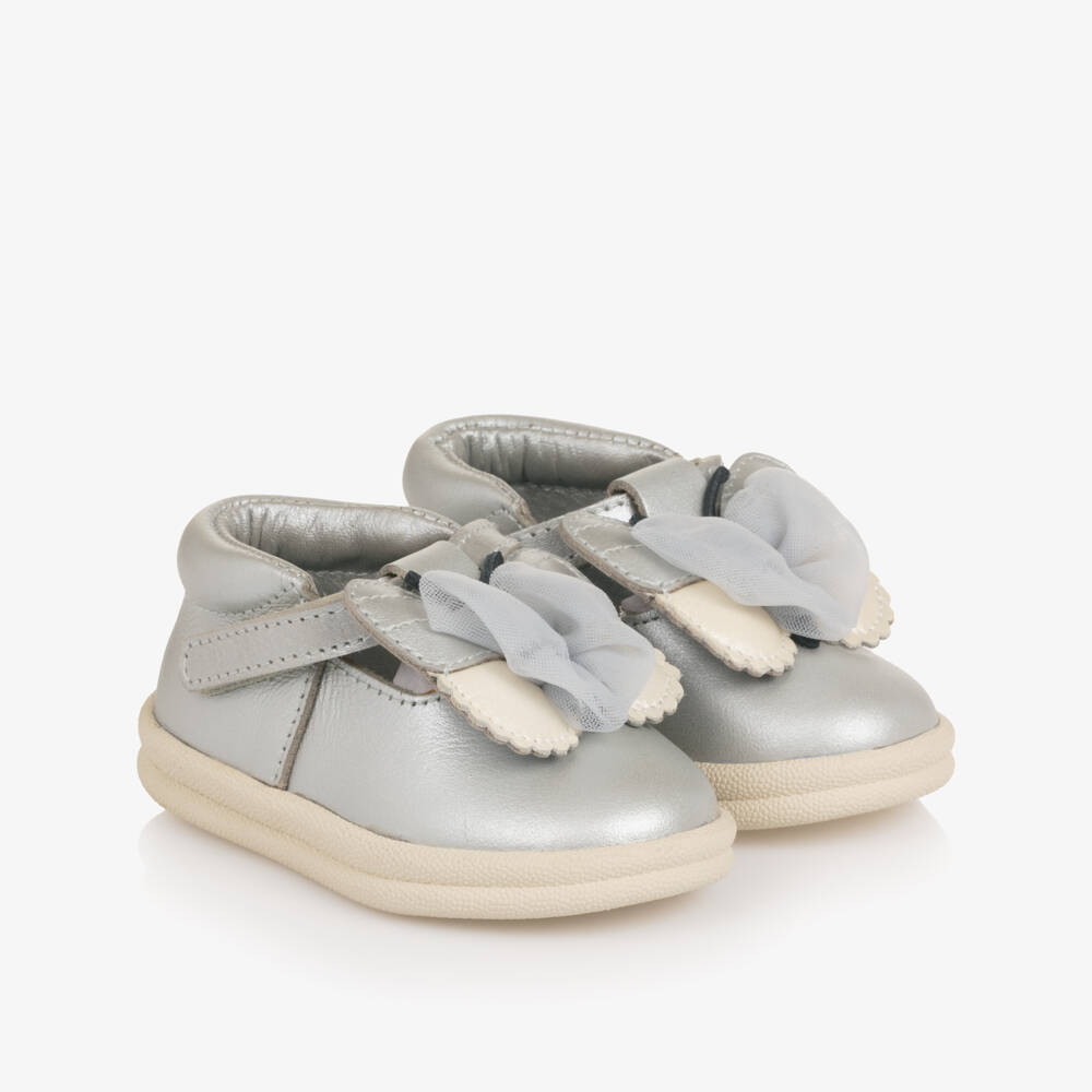 Donsje-Girls Silver Leather First Walkers with Butterfly Motif | Childrensalon