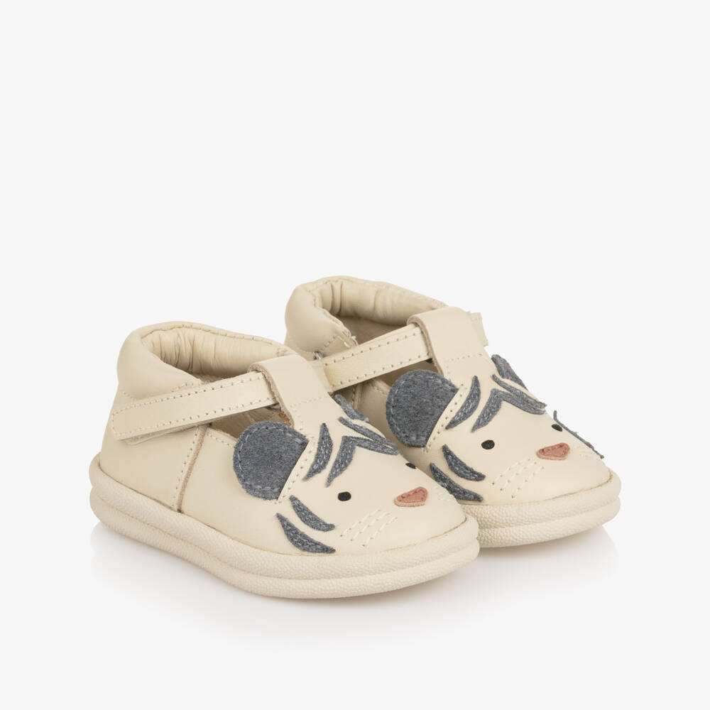 Donsje-Ivory Leather First Walker Shoes with Tiger Motif | Childrensalon