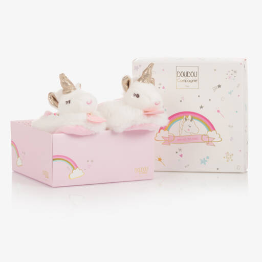 Doudou et Compagnie-Baby Girls Plush Rattle Unicorn Slippers | Childrensalon
