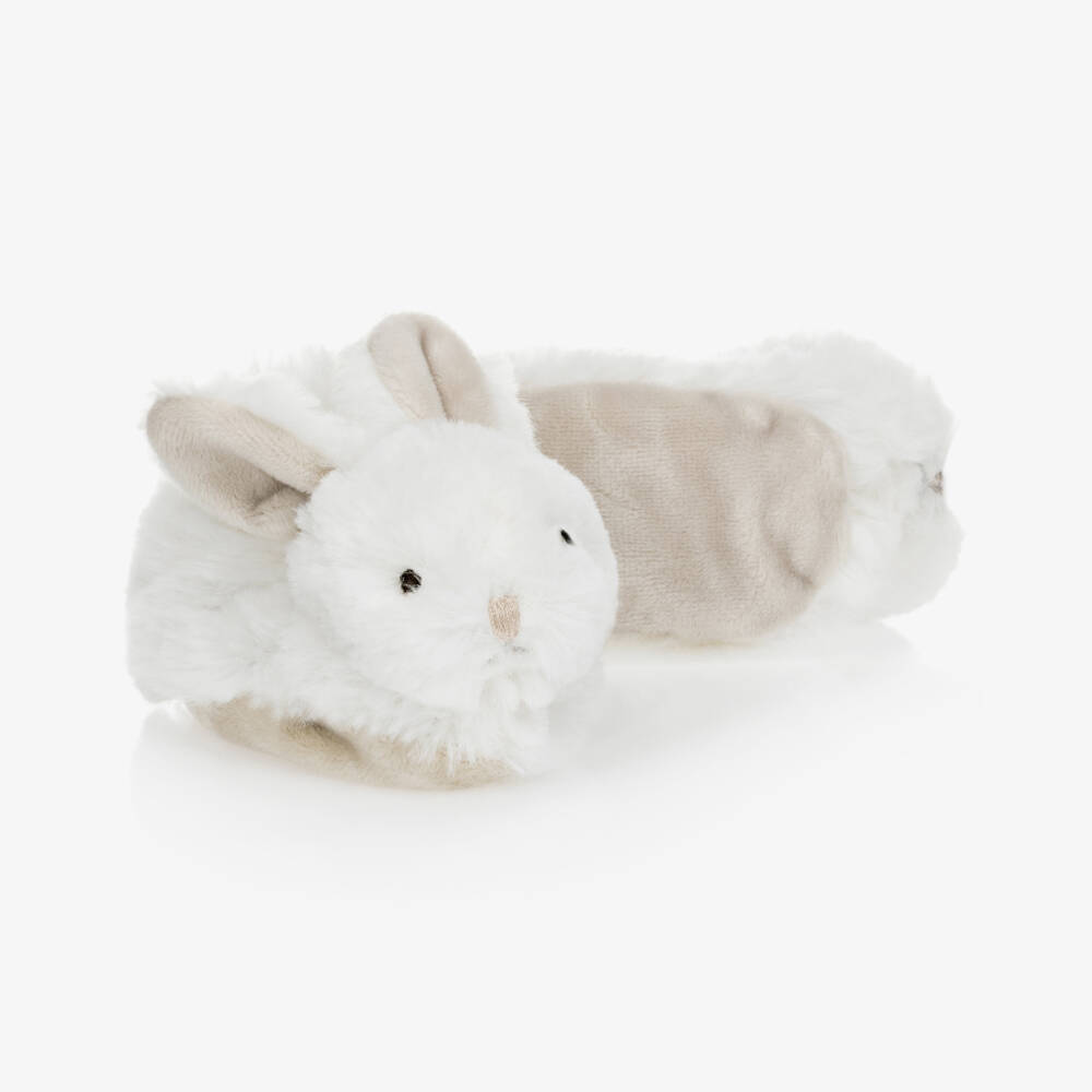 Doudou et Compagnie-White & Beige Plush Rattle Baby Slippers | Childrensalon