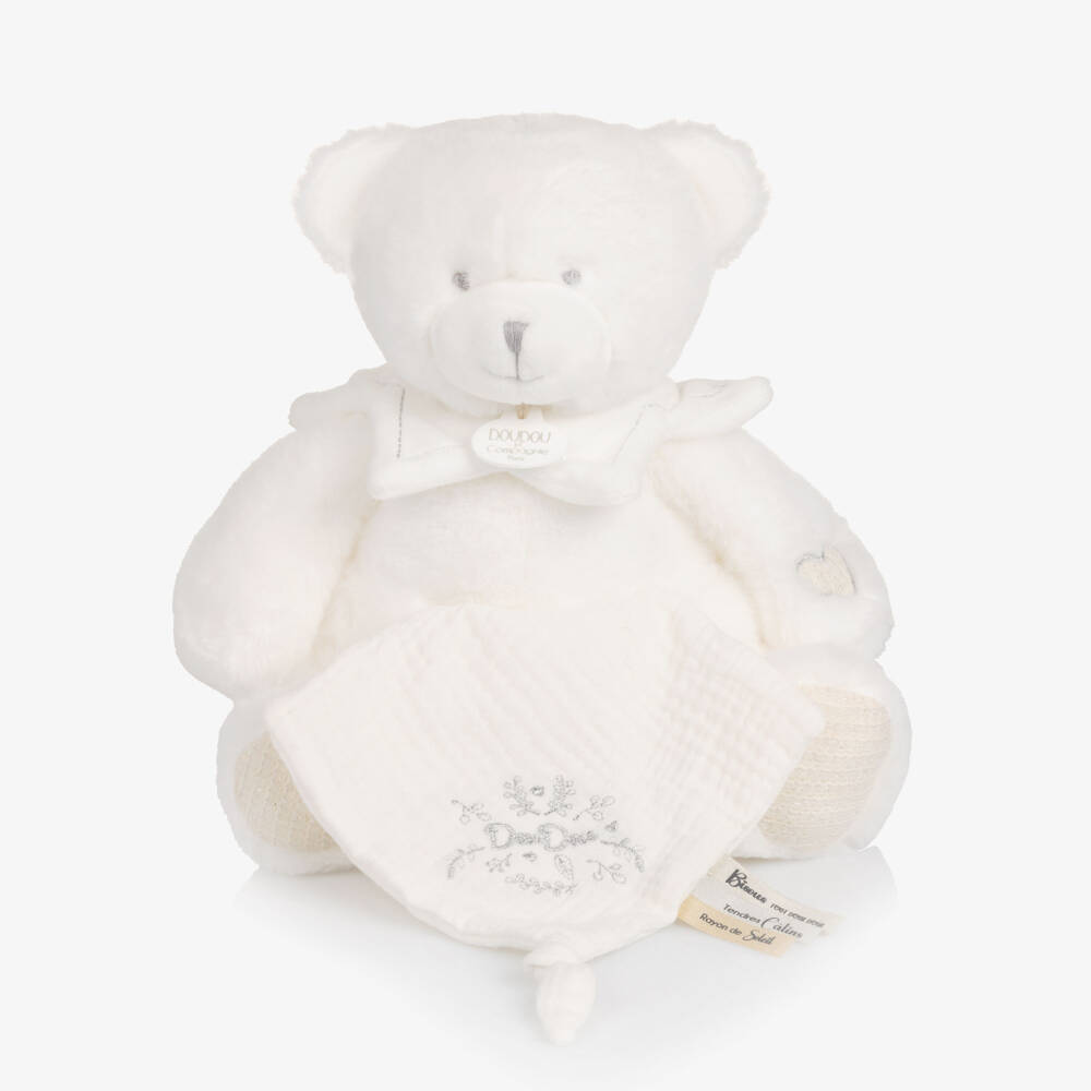 Doudou et Compagnie-White Plush Teddy Bear Comforter Soft Toy (30cm) | Childrensalon