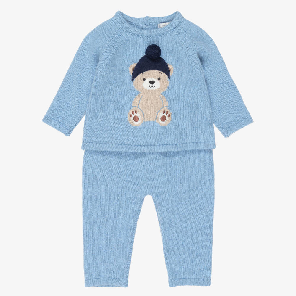 Dr. Kid-Baby Boys Blue Knit Bear Trouser Set  | Childrensalon