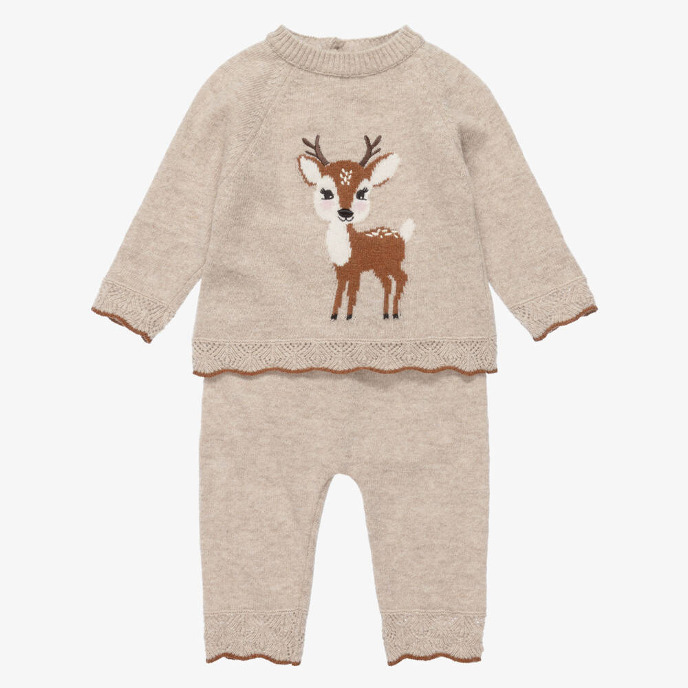 Dr. Kid-Baby Girls Beige Knit Trouser Set with Deer Motif | Childrensalon