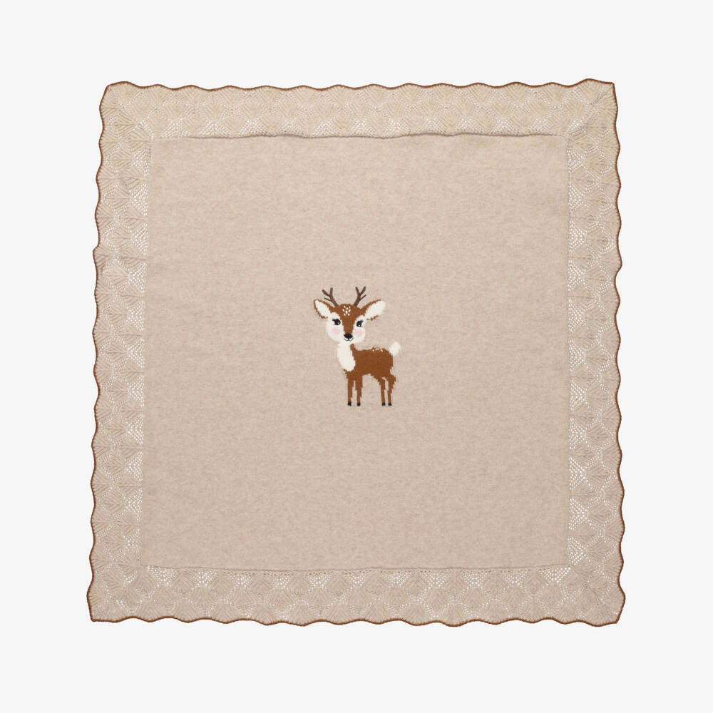 Dr. Kid-Baby Girls Beige Knitted Blanket with Deer Intarsia (90cm) | Childrensalon
