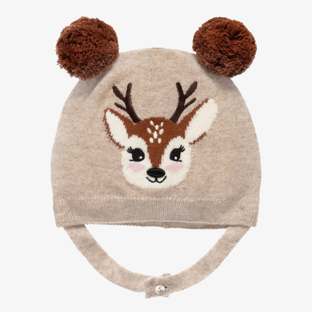 Dr. Kid-Baby Girls Beige Knitted Hat with Deer Intarsia | Childrensalon