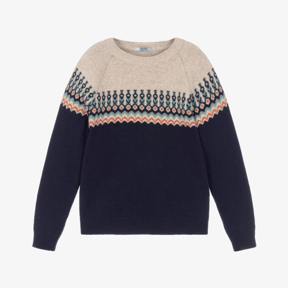 Dr. Kid-Boys Navy Blue & Beige Knitted Fair Isle Sweater | Childrensalon