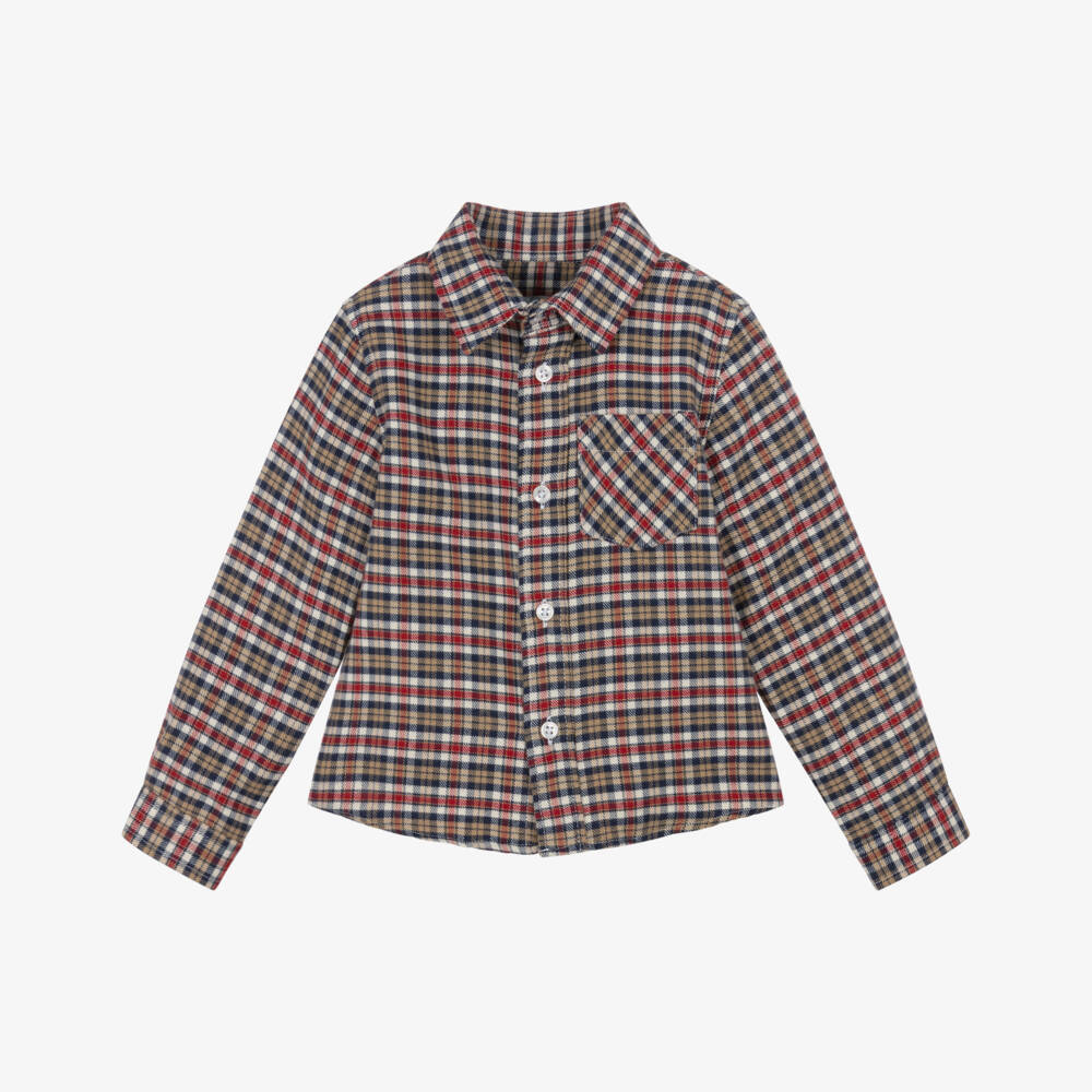 Dr. Kid-Boys Red & Navy Blue Border Tartan Shirt  | Childrensalon