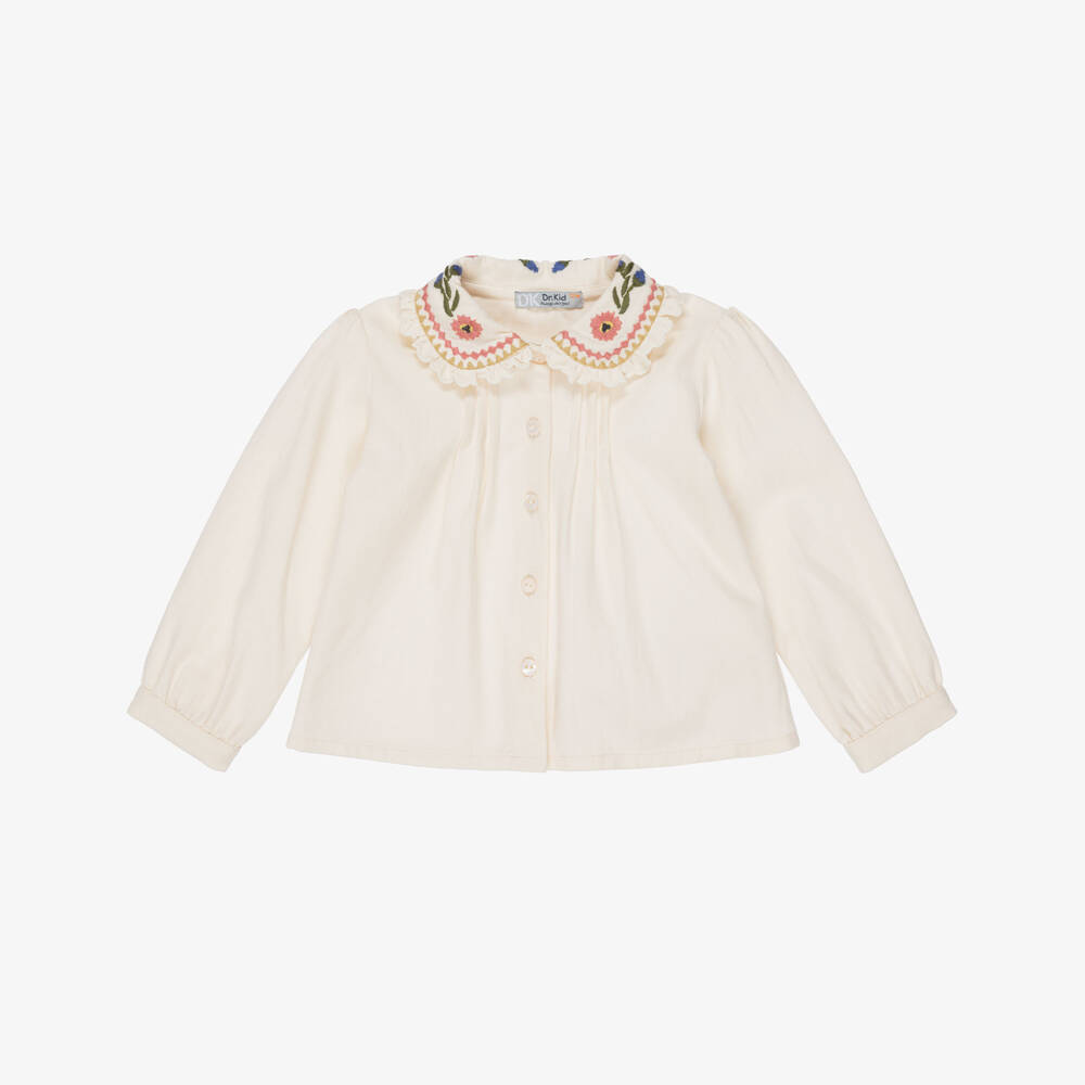 Dr. Kid-Girls Ivory Cotton Blouse with Embroidered Collar | Childrensalon