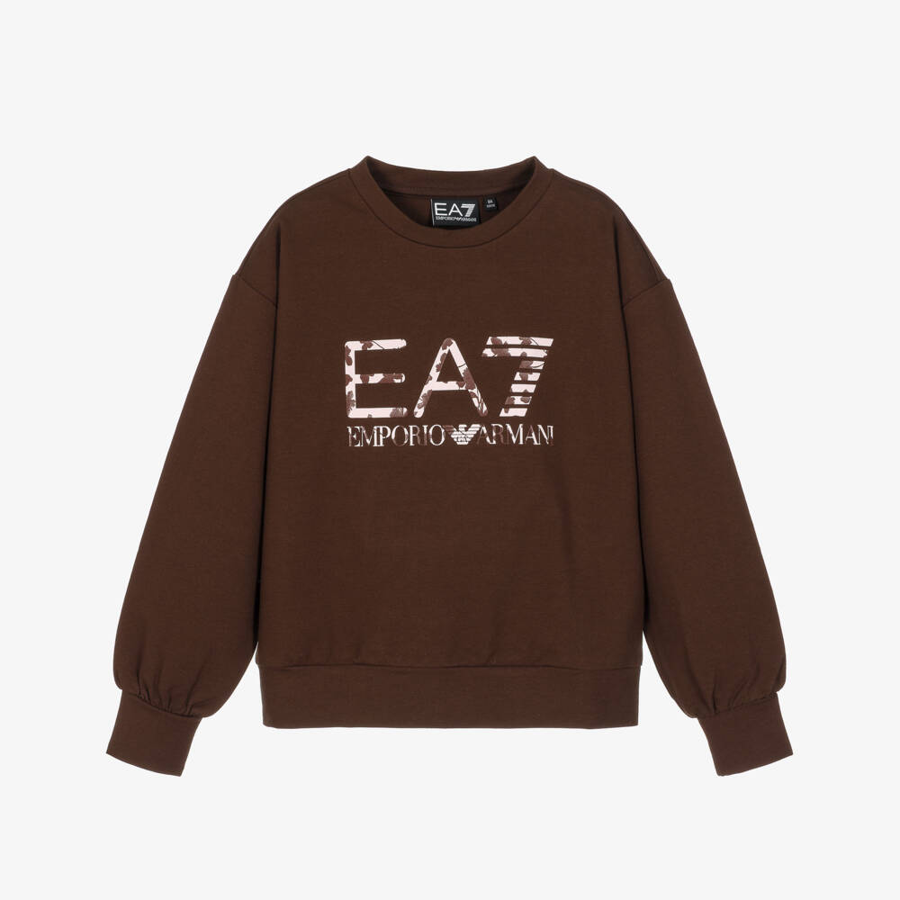 EA7 Emporio Armani-Girls Brown Cotton Floral Logo Sweatshirt | Childrensalon