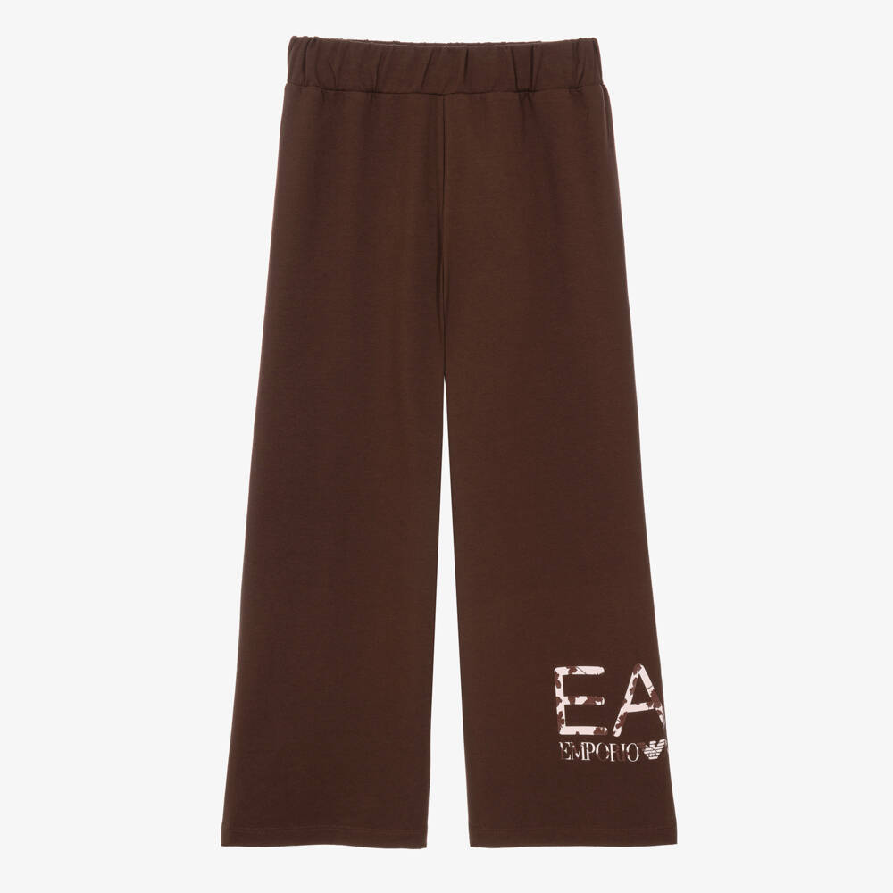EA7 Emporio Armani-Girls Brown Wide-Leg Trousers with Floral EA7 Logo | Childrensalon