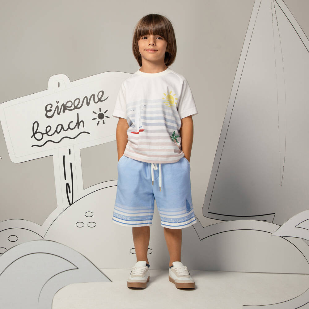 EIRENE-Boys Blue Cotton Jersey Sailboat Print Shorts | Childrensalon