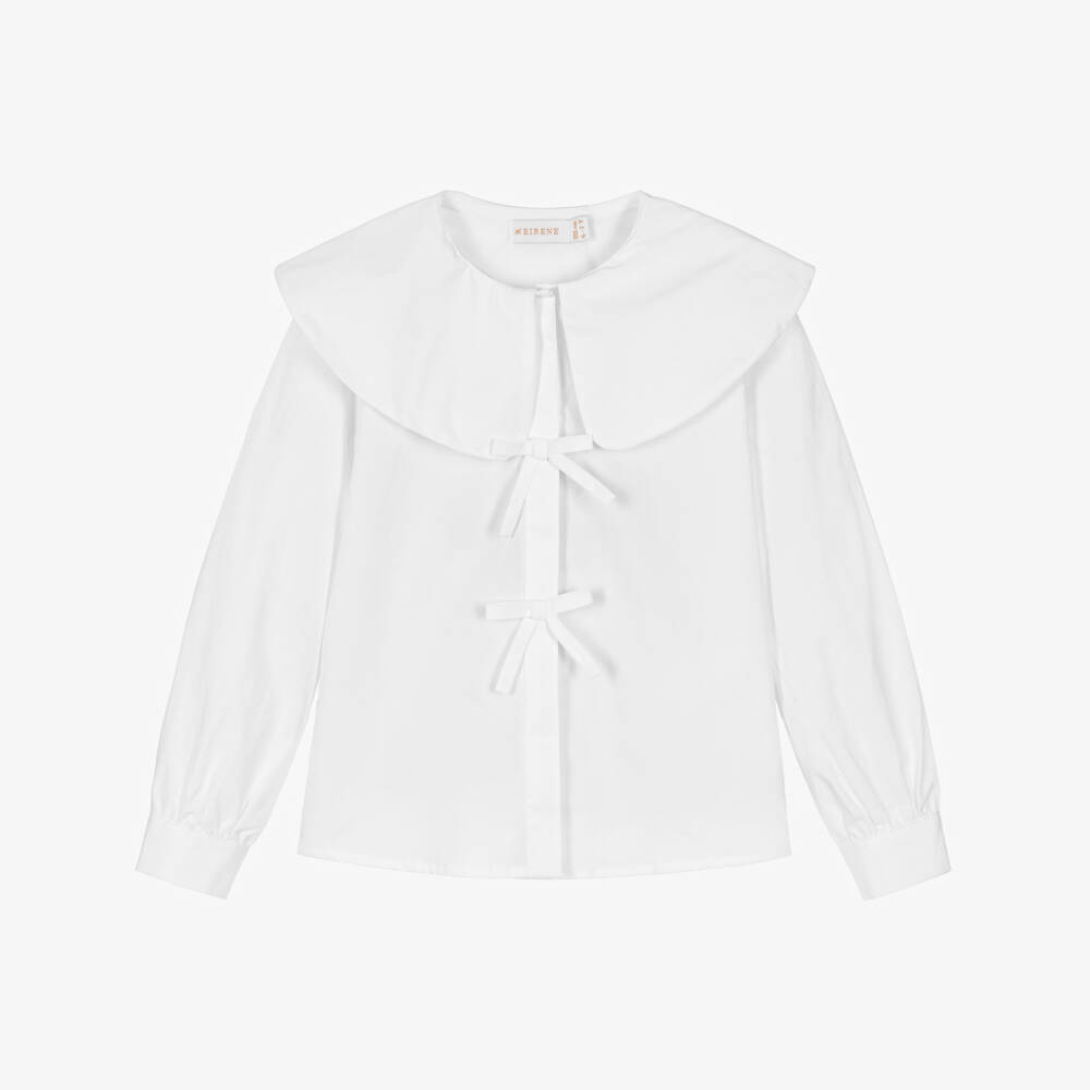 EIRENE-Girls White Collared Poplin Blouse with Bows | Childrensalon