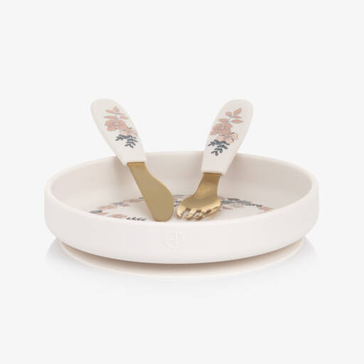 Elodie-Girls Ivory Floral Silicone Plate & Cutlery Set  | Childrensalon