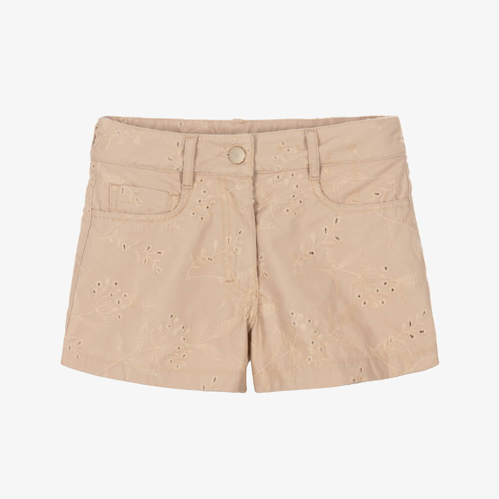 Elsy-Girls Beige Cotton Shorts with Floral Embroidery | Childrensalon