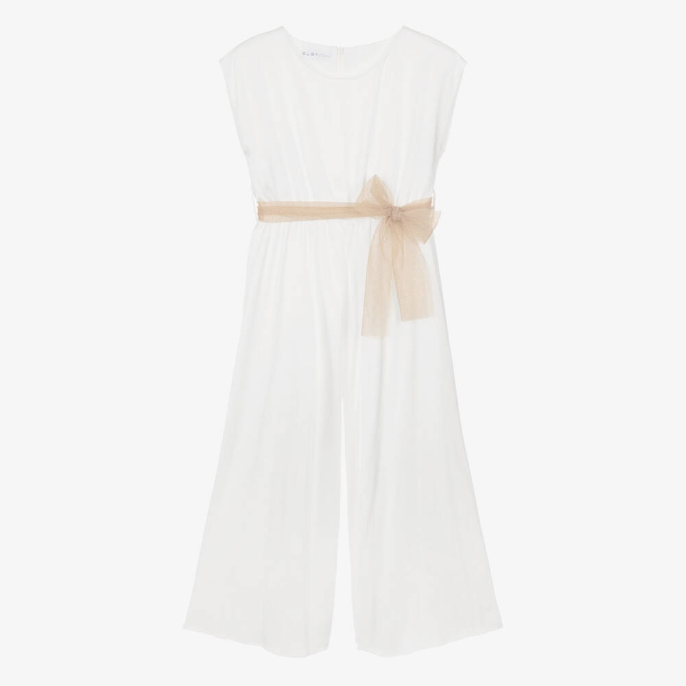 Elsy Couture-Girls White Satin Jumpsuit with Gold Tulle Sash Belt | Childrensalon