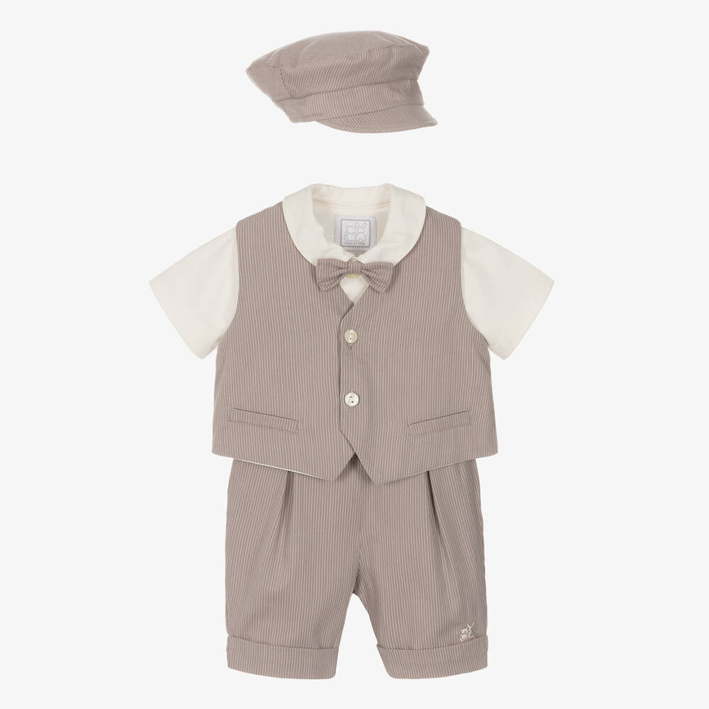 Emile et Rose-Baby Boys Beige Cotton Pinstripe Shorts Set | Childrensalon