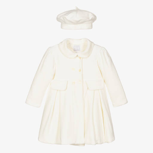Emile et Rose-Baby Girls Ivory Velour Coat & Hat Set | Childrensalon
