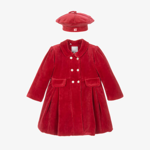 Emile et Rose-Baby Girls Red Velour Coat & Hat Set | Childrensalon