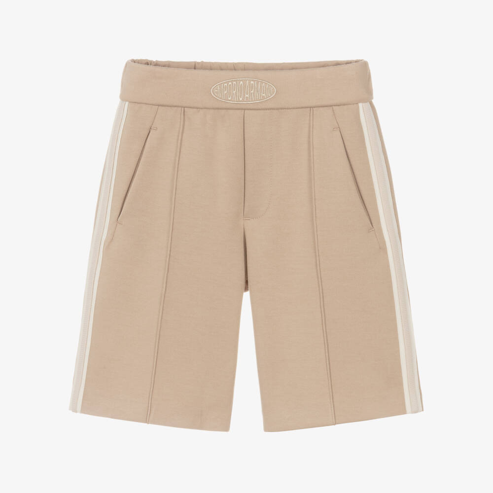 Emporio Armani-Boys Beige Jersey Shorts with Front Seams | Childrensalon