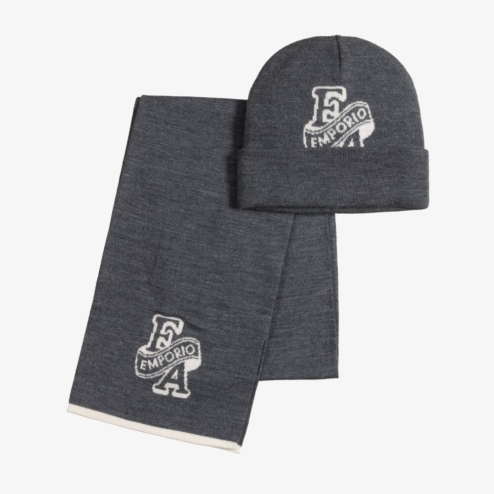 Emporio Armani-Boys Grey Knitted Hat & Scarf Set with Logo Branding | Childrensalon