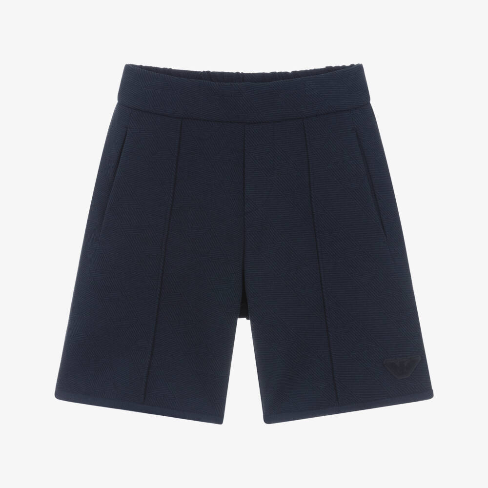 Emporio Armani-Boys Navy Blue Jacquard Jersey Shorts with Eagle Logo | Childrensalon