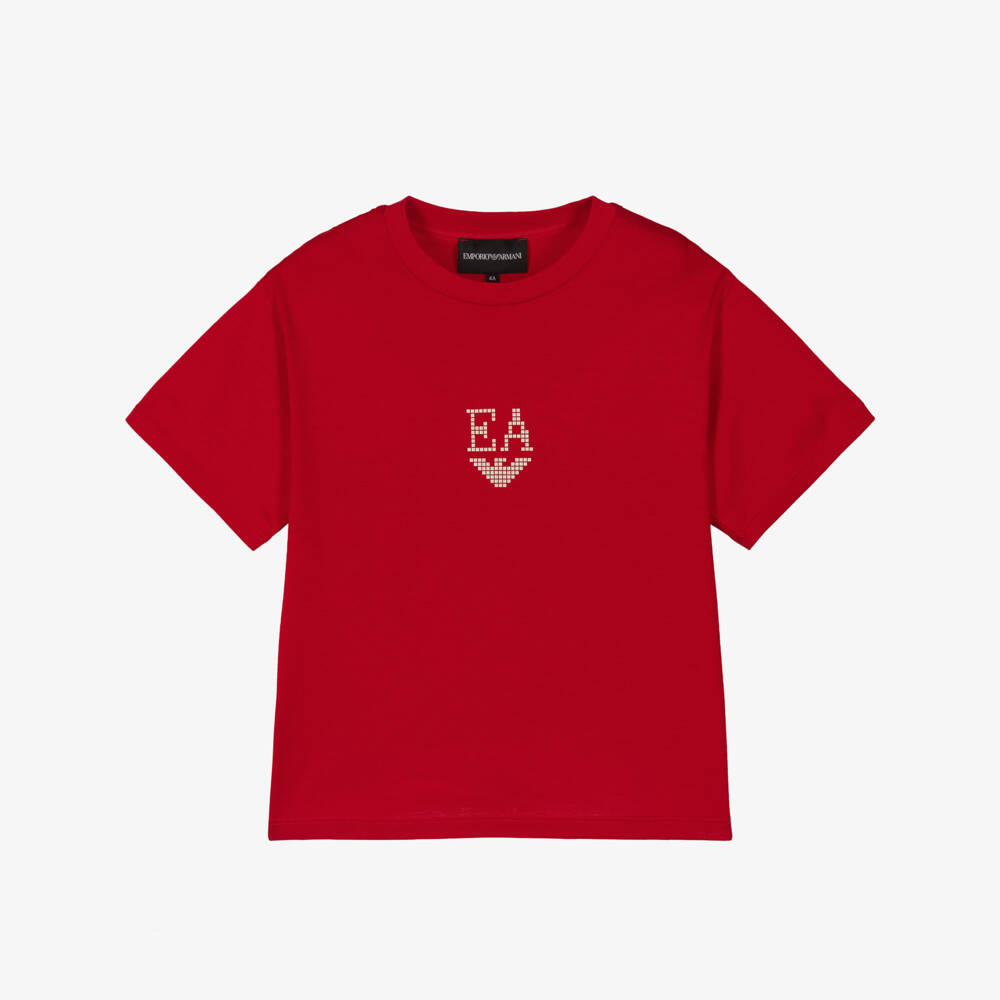 Emporio Armani-Boys Red Jersey T-Shirt with Metallic Eagle Logo | Childrensalon