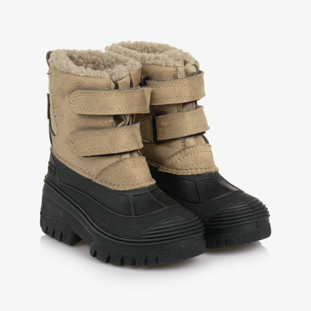 EN FANT-Beige Faux Suede & Black Rubber Velcro Snow Boots | Childrensalon
