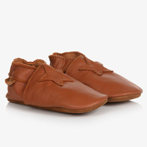 EN FANT-Brown Leather Star Slippers | Childrensalon