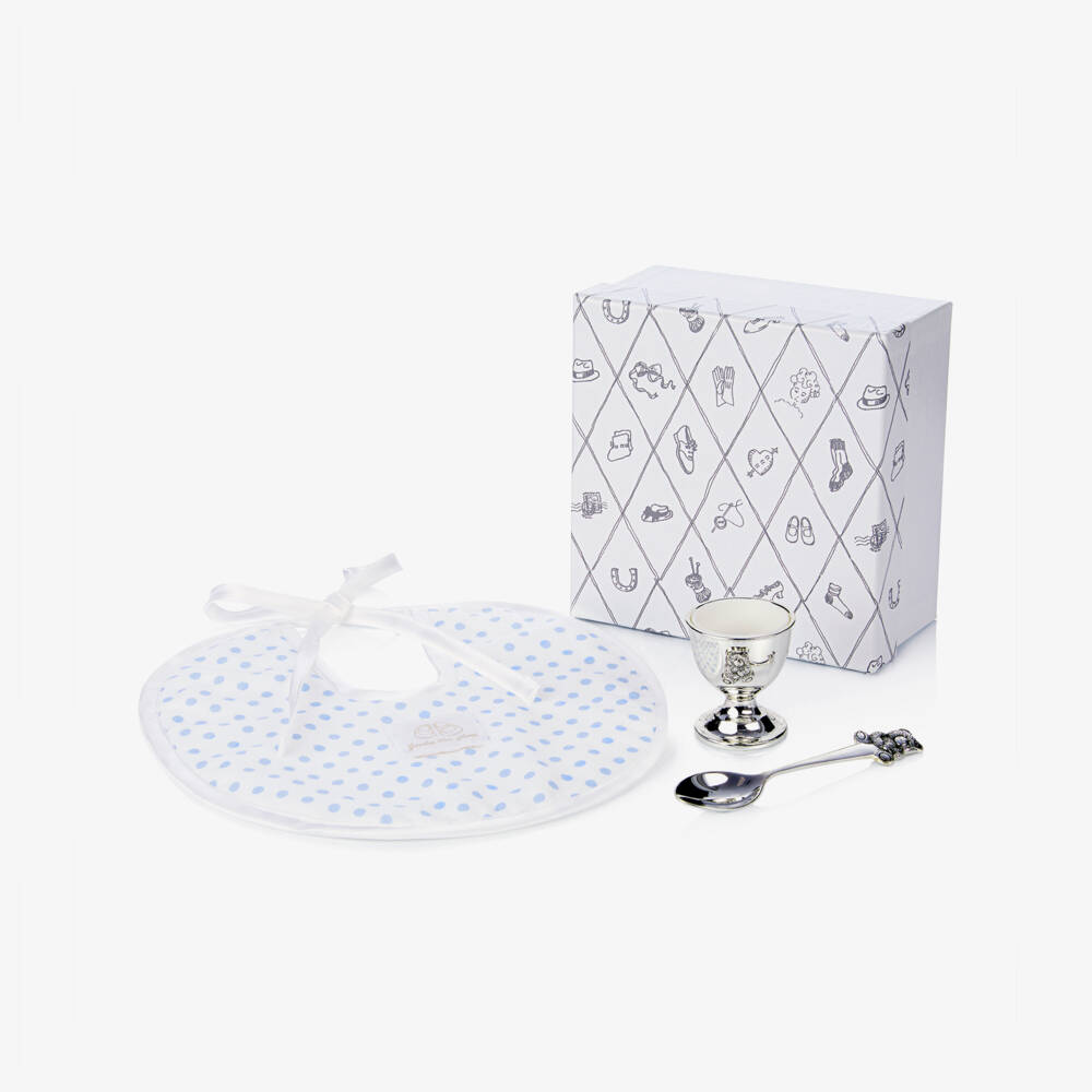 English Trousseau-Silver Egg Cup, Spoon & Blue Polka Dot Bib Baby Gift Set  | Childrensalon