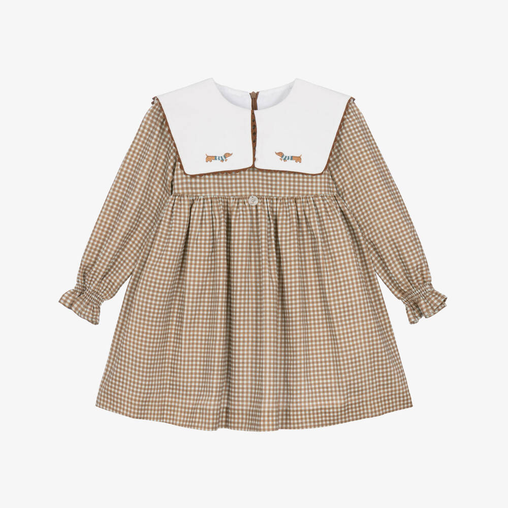 Foque-Girls Beige & Blue Gingham Dress with Sausage Dog Collar | Childrensalon