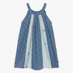 Frugi-Girls Blue Denim Trapeze Dress with Embroidered Flowers | Childrensalon