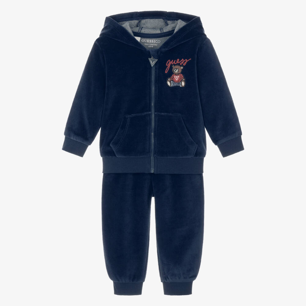 Guess-Baby Boys Navy Blue Velour Tracksuit with Teddy Logo | Childrensalon