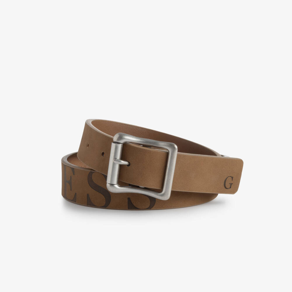 Guess-Boys Brown Faux Leather Belt with Logo Print | Childrensalon