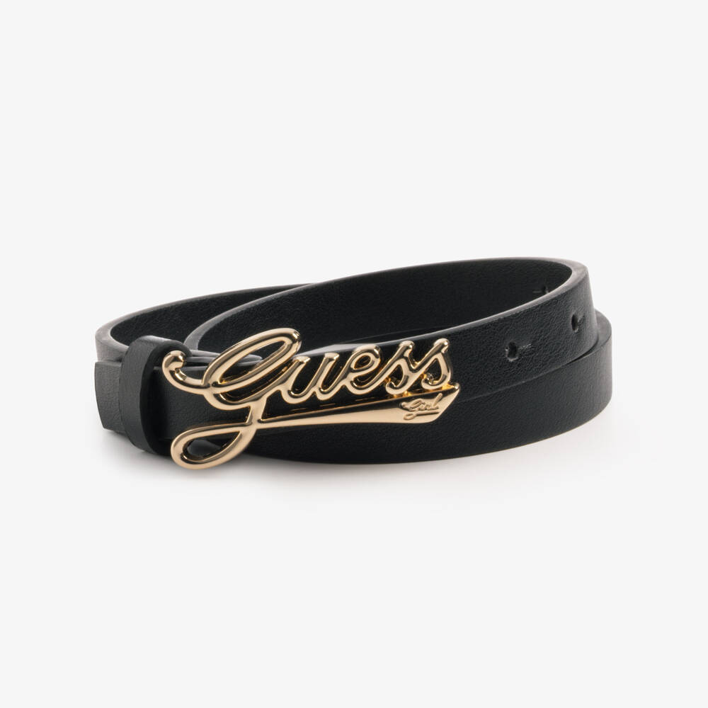 Guess-Girls Black Faux Leather Belt with Gold Logo | Childrensalon