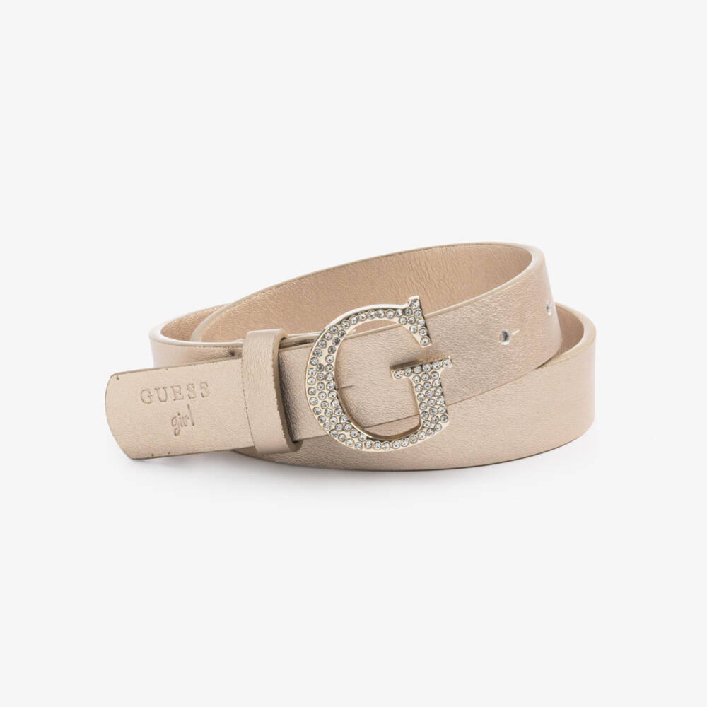 Guess-Girls Gold Faux Leather Belt with Diamanté Monogram Buckle | Childrensalon
